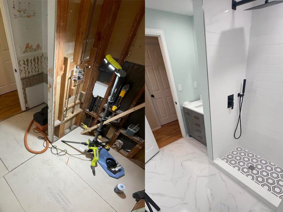 Bathroom remodel with open plumbing access and finished shower tile