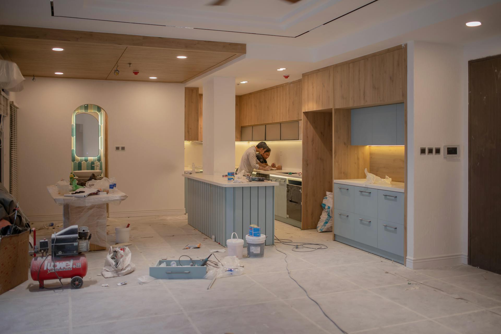 Remodeled living space with new flooring and trim